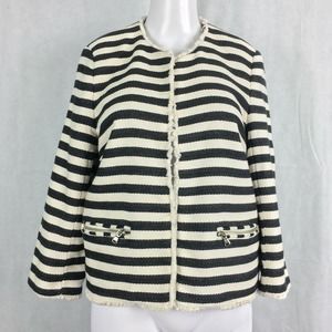 Metaphor Jacket Blazer Womens Sz L Black Ivory Striped Woven Fringe Trim Cropped
